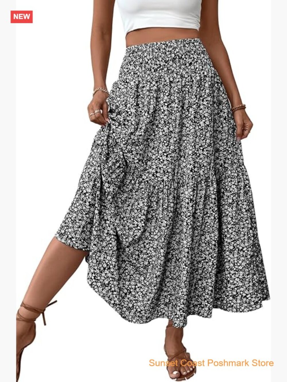Smocked High Waist Maxi Skirt with Pockets Flowy Boho Long Skirt